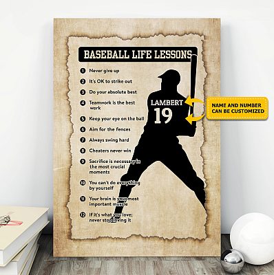 Personalized Baseball Life Lessons Never Give Up Gallery Wrapped Framed Canvas Prints - Unframed Poster