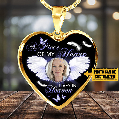 Personalized Custom Photo A Piece Of My Heart Lives In Heaven Memorial Heart Pendant Necklace - Bangle