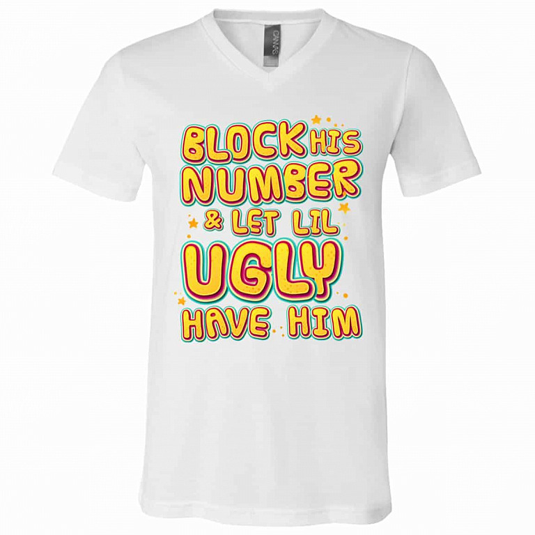 block, White, V-Neck T-Shirt