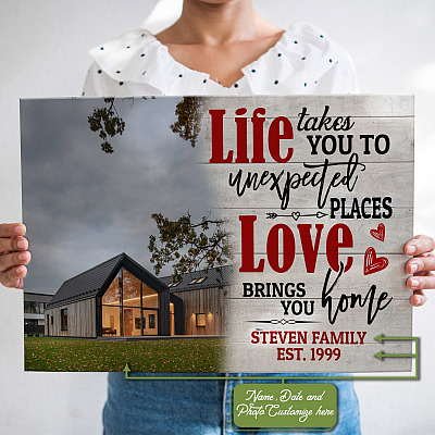 Alternative view of Personalized Photo Life Takes You to Unexpected Places Love Brings You Home Framed Canvas - Unframed Poster