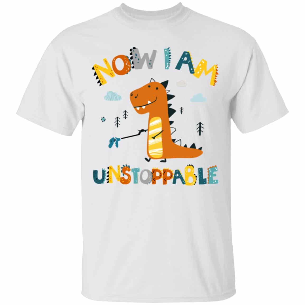 Now I Am Unstoppable Dinosaur Youth Tee, White, Youth T-Shirt