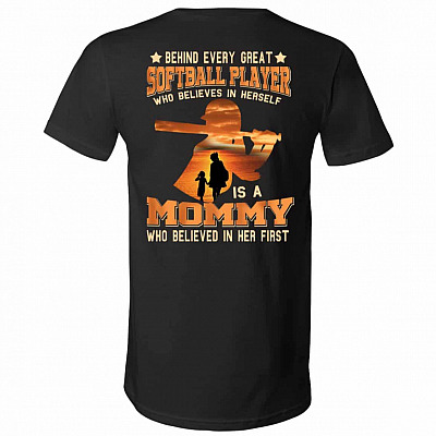 Behind ESoftball Player Mommy Shirt, Black, V-Neck T-Shirt