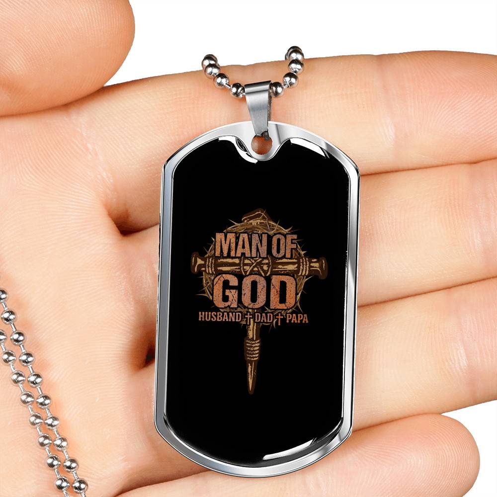 Men Cross Man of God Husband Dad Papa Christian Dog Tag Pendant Necklace