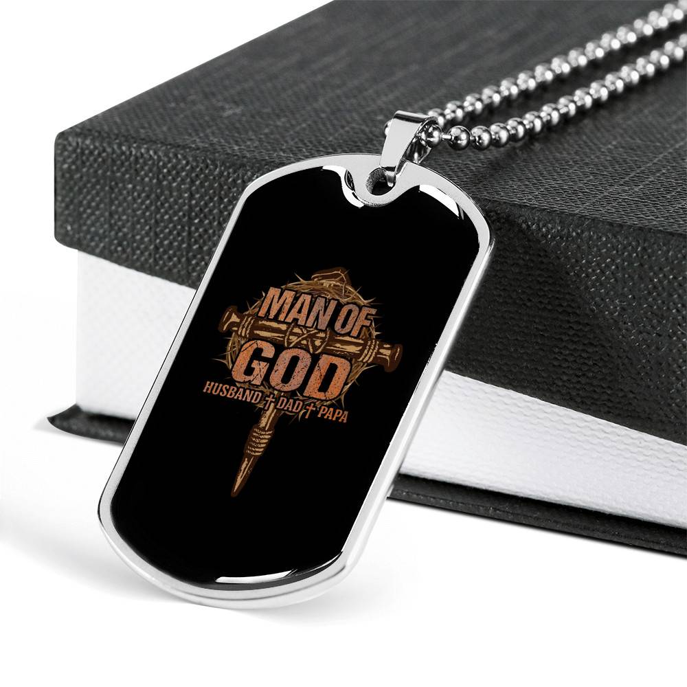 Men Cross Man of God Husband Dad Papa Christian Dog Tag Pendant Necklace