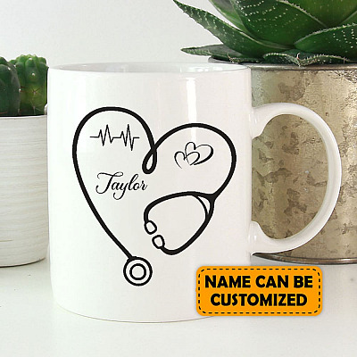 Personalized Stethoscope Heart Name Ceramic Coffee Mug - Water Bottle - Beer Stein - Stethoscope Nurse Dr Mug