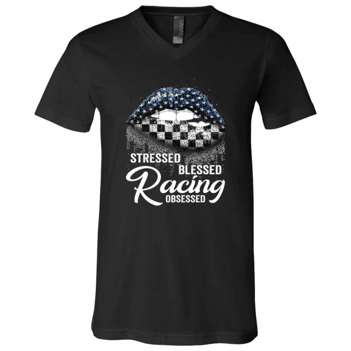 Stressed Blessed Racing Obsessed T-shirt, Black, V-Neck T-Shirt