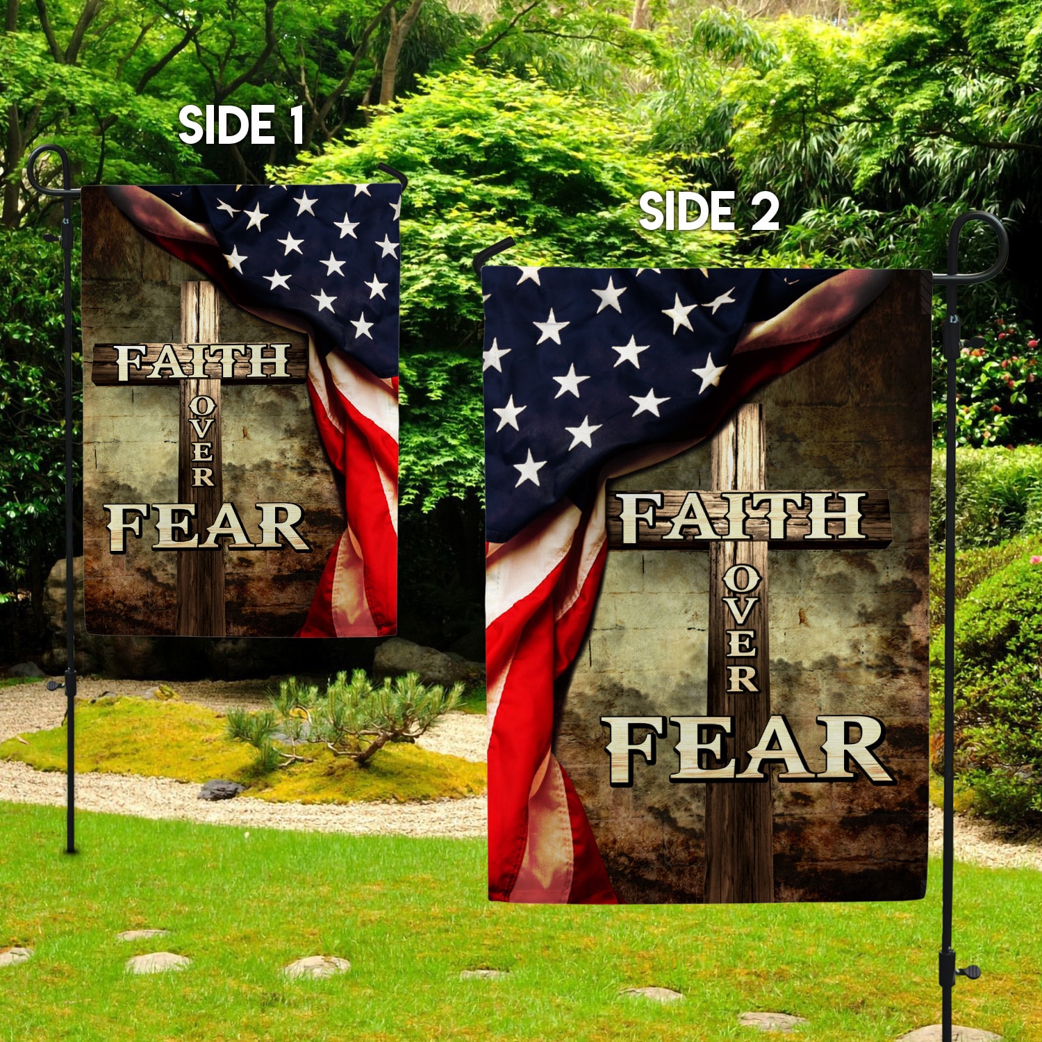 6. Faith Over Fear_1 Garden Flag Mockup 2 Side