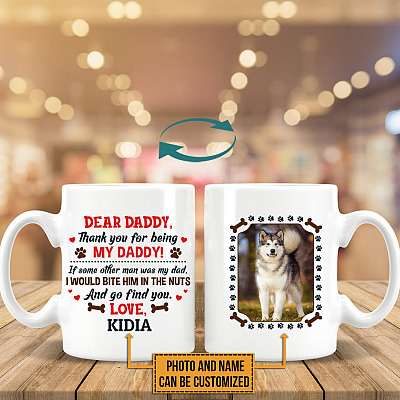 Alternative view of Personalized Photo Bite Him in The Nuts Dog Dad Ceramic Coffee Mug - Beer Stein - Color Changing Mug