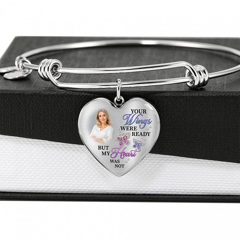 Personalized Photo Butterfly Your Wings Were Ready but My Heart Was Not Memorial Heart Pendant Necklace - Bangle