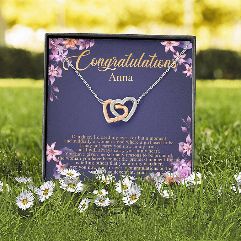 Personalized Congratulations To My Daughter Interlocking Hearts Pendant Necklace - Congrats Daughter Necklace