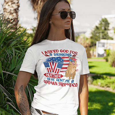 Alternative view of I Asked God For A Drinking Partner So He Sent Me A German Shepherd 4th Of July T-Shirt - V-Neck Shirt