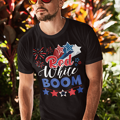 Alternative view of Red White Boom Patriotic American Flag T-Shirt - V-Neck Shirt - 4th July Fireworks Shirt