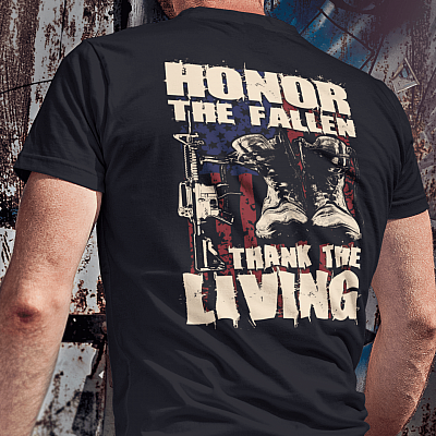 Honor The Fallen Thank The Living Vintage Veteran Print On Back Only T-Shirt - V-Neck Shirt