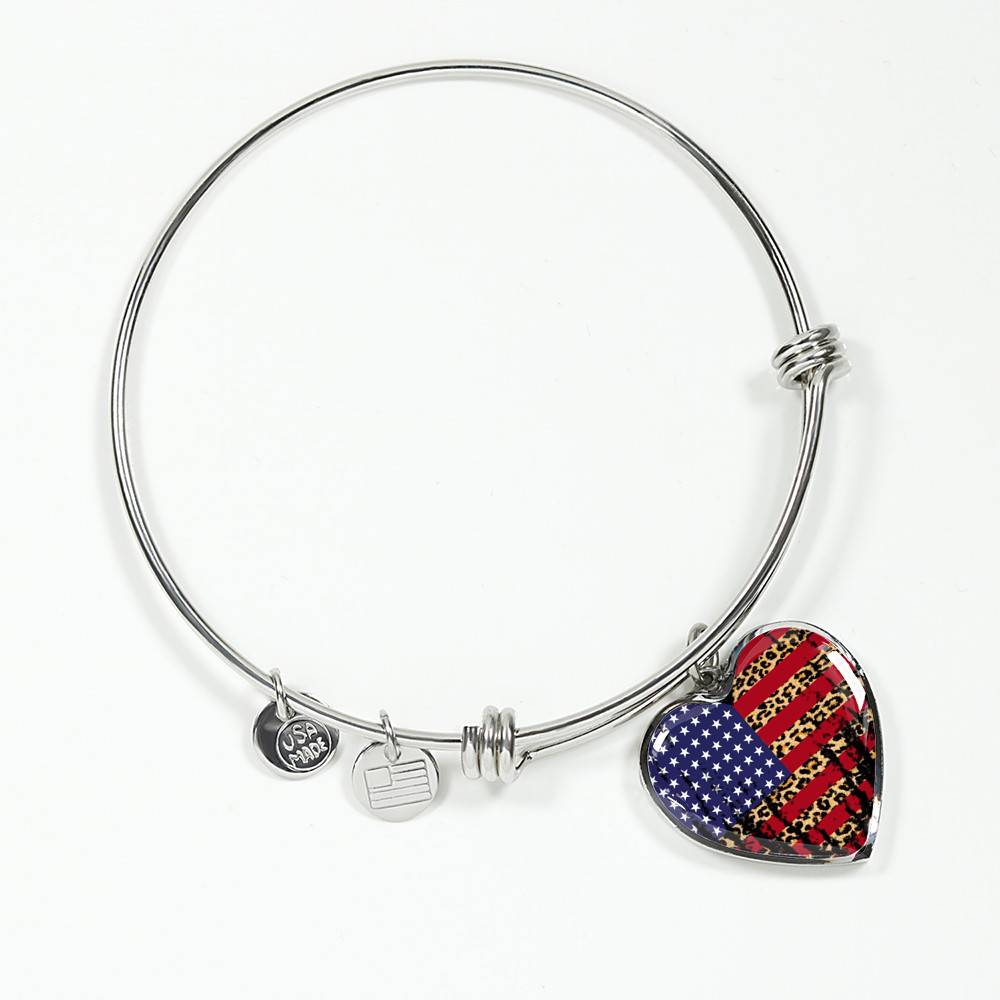 American Flag Leopard Pattern 4th of July Heart Pendant Necklace