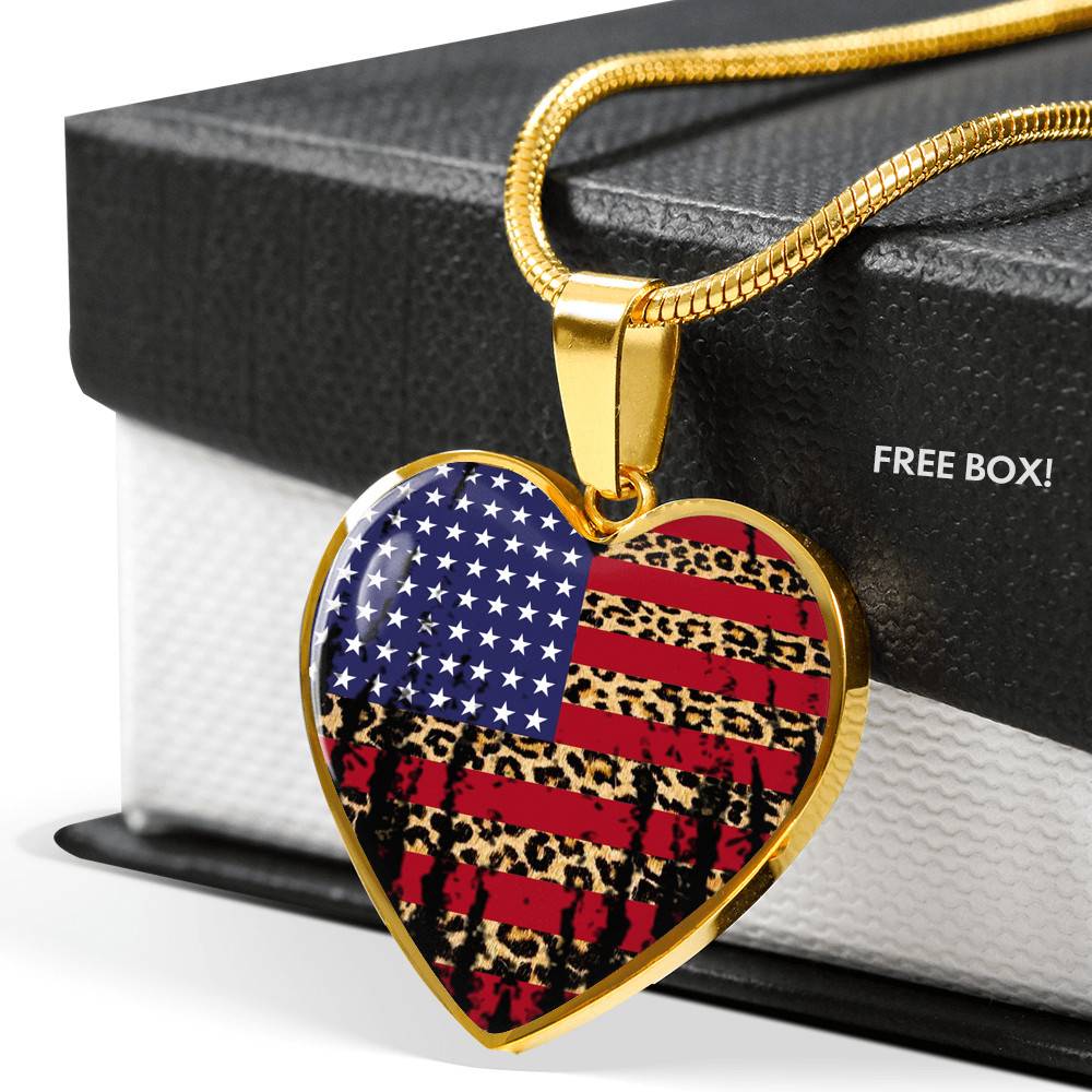 American Flag Leopard Pattern 4th of July Heart Pendant Necklace