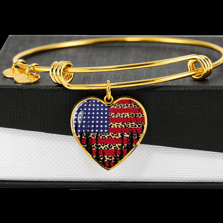 American Flag Leopard Pattern 4th of July Heart Pendant Necklace