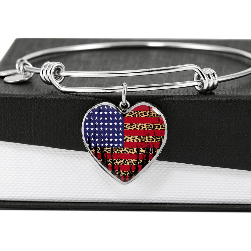 American Flag Leopard Pattern 4th of July Heart Pendant Necklace