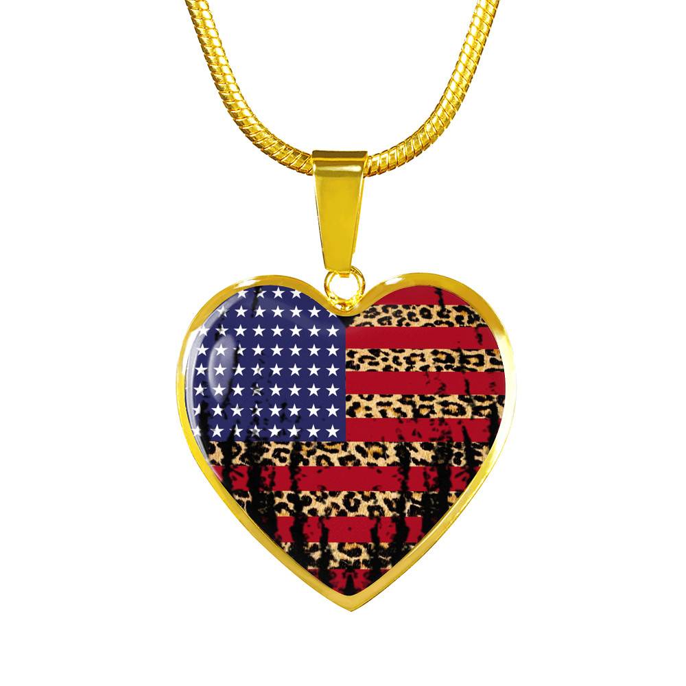 American Flag Leopard Pattern 4th of July Heart Pendant Necklace