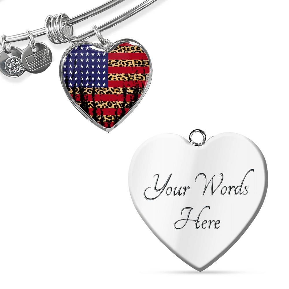 American Flag Leopard Pattern 4th of July Heart Pendant Necklace