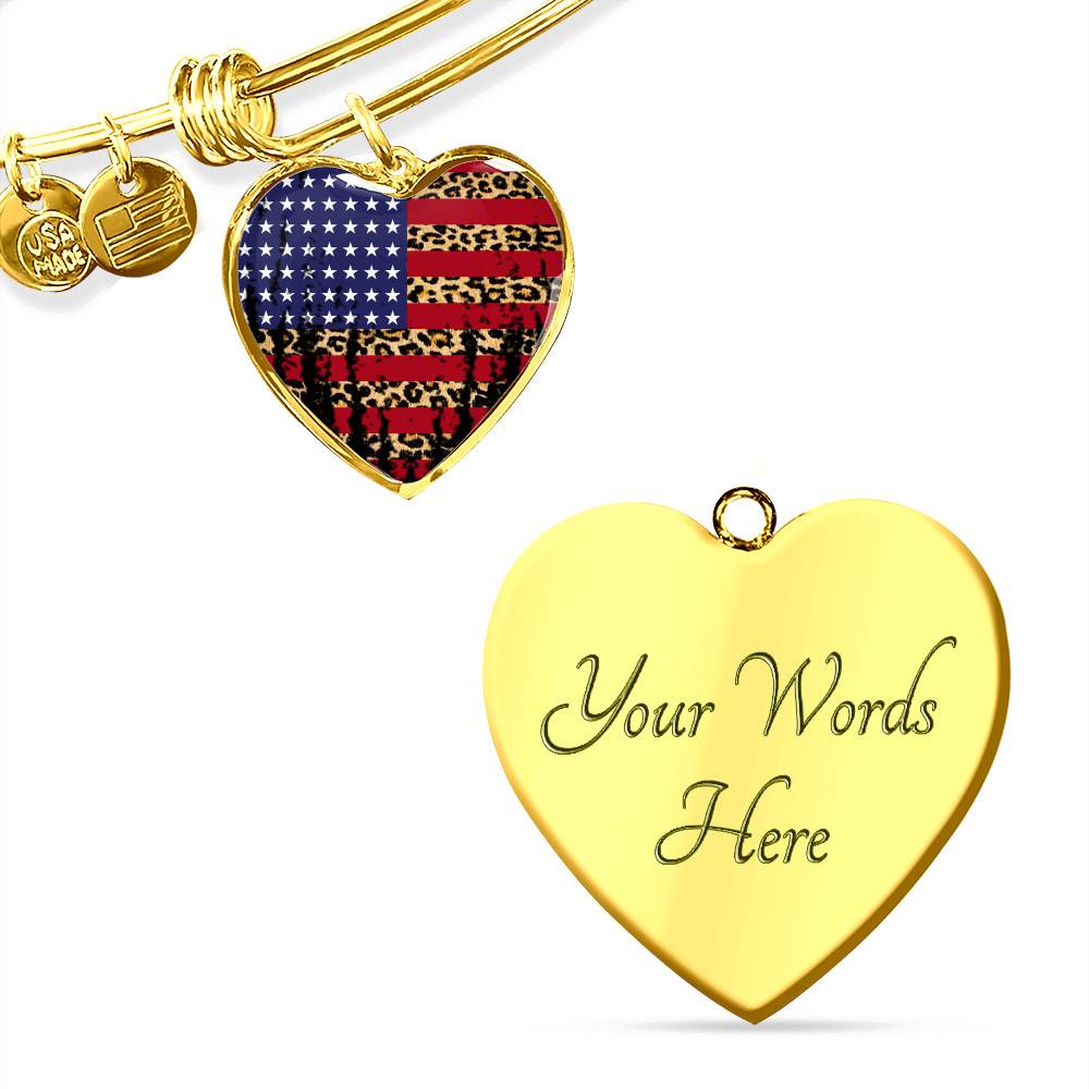 American Flag Leopard Pattern 4th of July Heart Pendant Necklace
