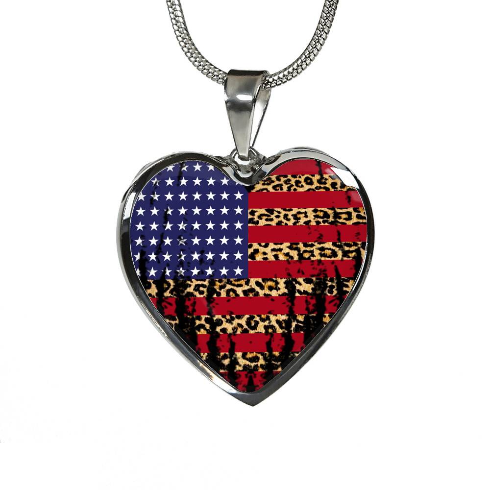 American Flag Leopard Pattern 4th of July Heart Pendant Necklace
