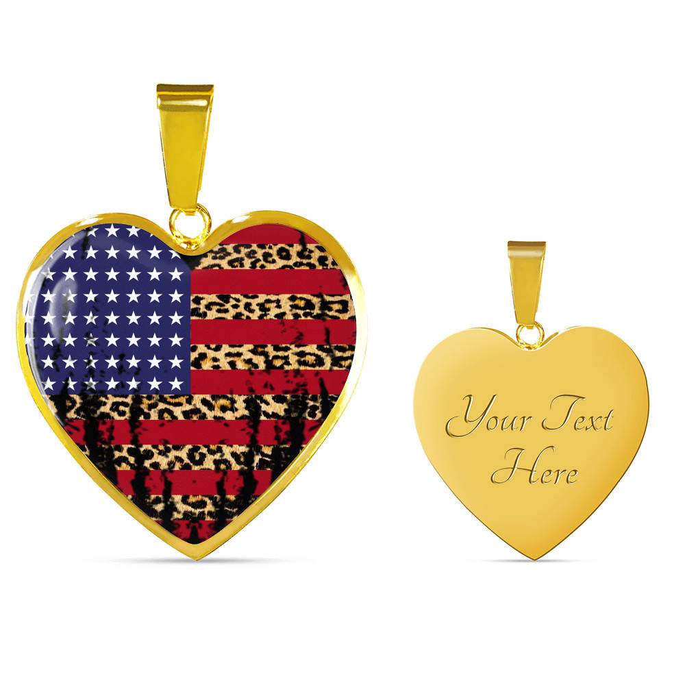 American Flag Leopard Pattern 4th of July Heart Pendant Necklace
