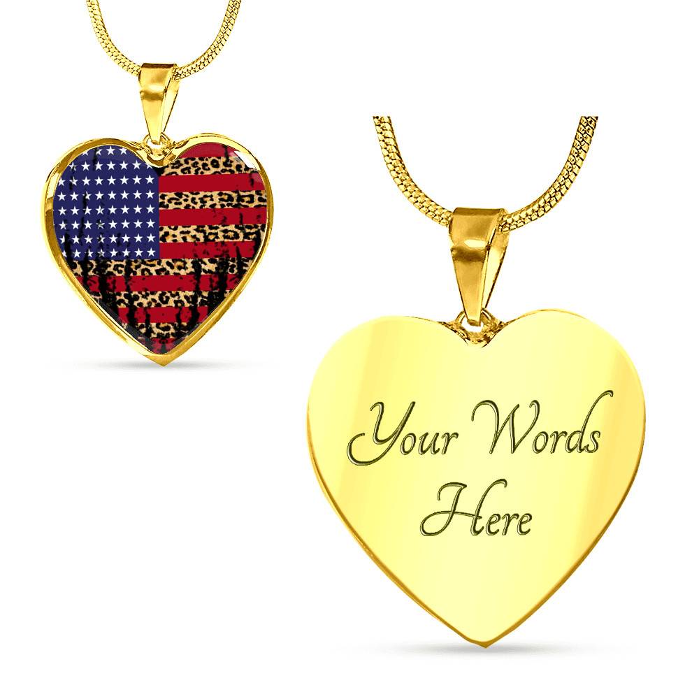 American Flag Leopard Pattern 4th of July Heart Pendant Necklace