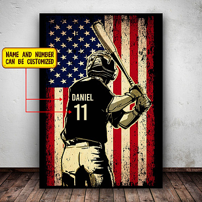 Alternative view of Personalized Baseball Name American Flag Framed Canvas - Unframed Poster - Baseball Gifts Son