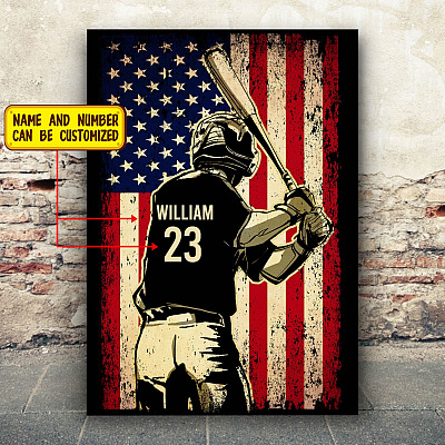 Personalized Baseball Name American Flag Framed Canvas - Unframed Poster - Baseball Gifts Son