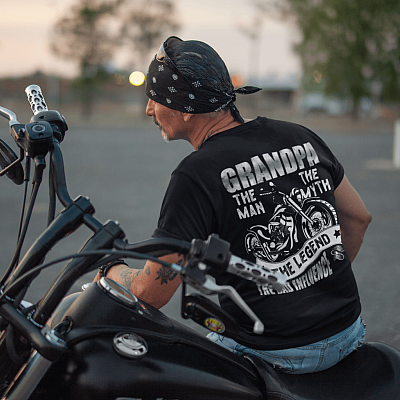 Alternative view of Grandpa The Man The Myth The Legend The Bad Influence Motorcycle Print On Back T-Shirt Only - Plain Front Shirt