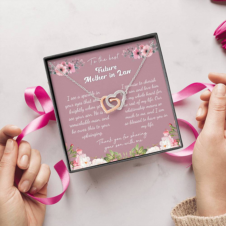To the Best Future Mother in Law Thank You for Sharing Your Son with Me Interlocking Hearts Pendant Necklace