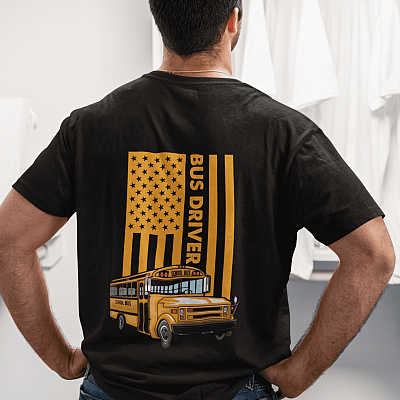 Bus Driver Patriotic American Flag Print On Back T-Shirt