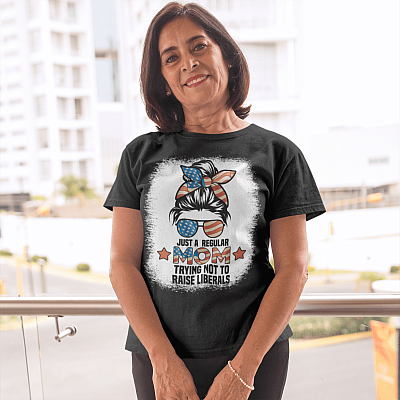 Alternative view of Just A Regular Mom Trying Not To Raise Liberals American Flag T-Shirt - V-Neck Shirt - Republican Mom Shirt