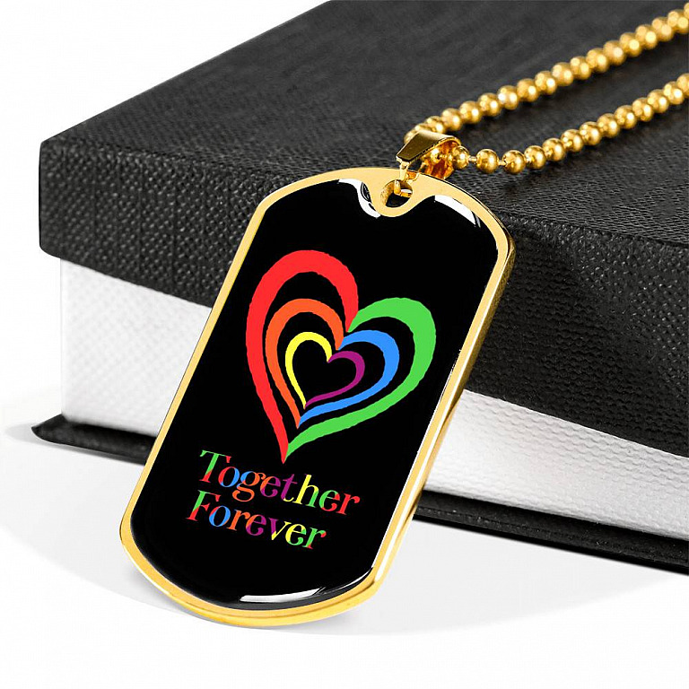 LGBTQ Rainbow Heart Together Forever - Dog Tag Pendant Necklace - Gay Pride Month Gift