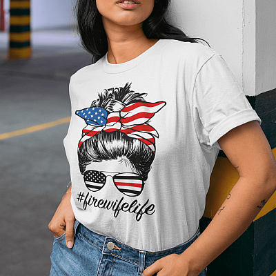 Fire Wife Life Firefighter's Wife 4th of July Messy Bun T-Shirt - V-Neck Shirt