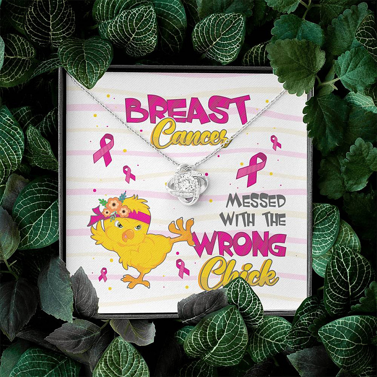 Pink Ribbon Breast Cancer Messed with the Wrong Chick Love Knot Pendant Necklace Gifts