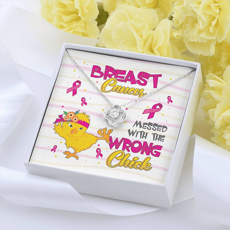 Pink Ribbon Breast Cancer Messed with the Wrong Chick Love Knot Pendant Necklace Gifts