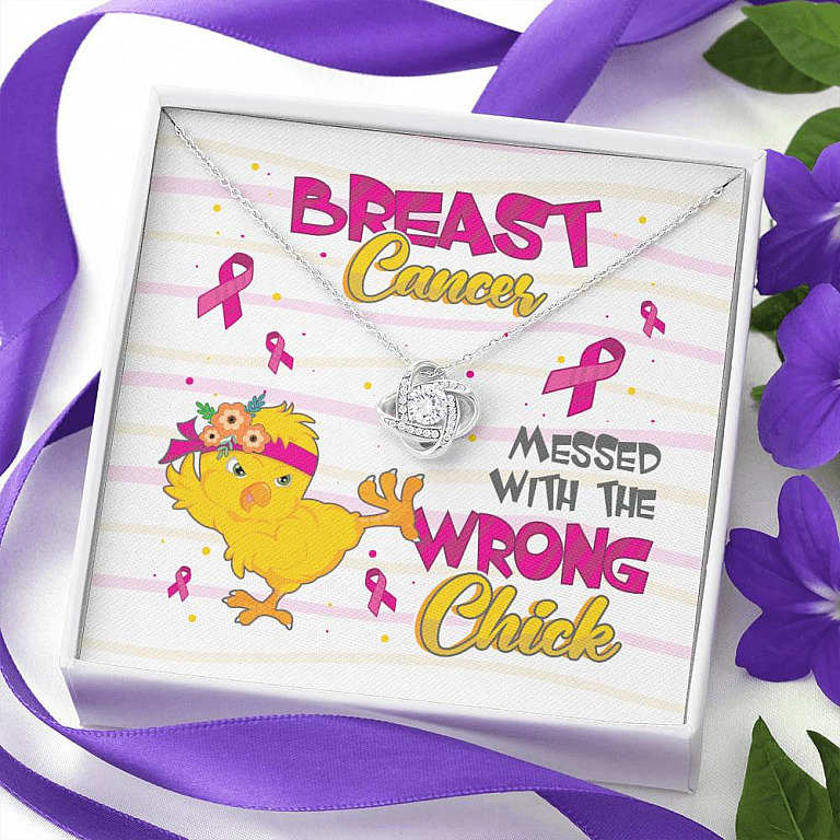 Pink Ribbon Breast Cancer Messed with the Wrong Chick Love Knot Pendant Necklace Gifts