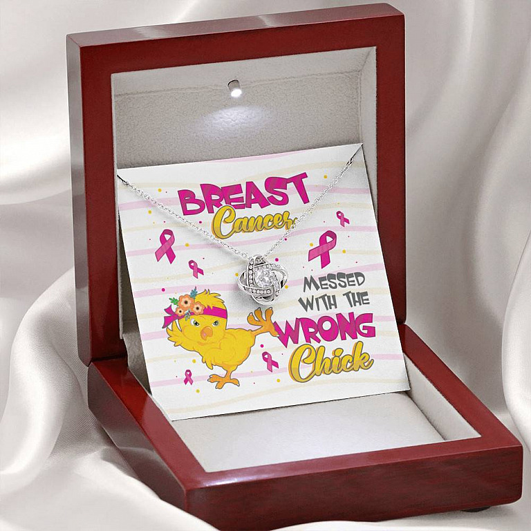 Pink Ribbon Breast Cancer Messed with the Wrong Chick Love Knot Pendant Necklace Gifts
