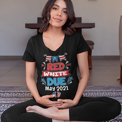 Alternative view of Personalized Red White And Due Pregnancy Announcement 4th Of July T-Shirt - V-Neck - 4th Of July Pregnancy Shirt