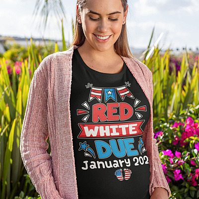 Personalized Red White And Due Pregnancy Announcement 4th Of July T-Shirt - V-Neck - 4th Of July Pregnancy Shirt