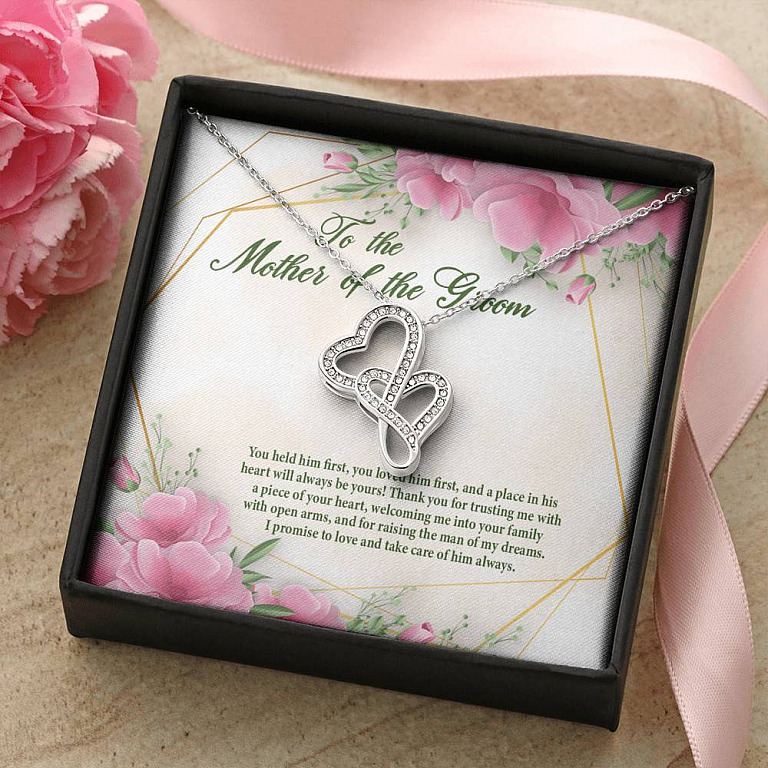 To The Mother Of The Groom You Held Him First Double Hearts Pendant Necklace - Mother In Law Necklace