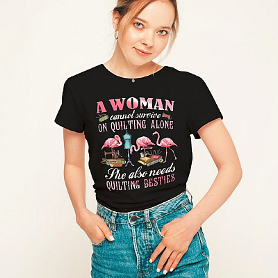 Alternative view of A Woman Cannot Survive On Quilting Alone She Also Needs Quilting Besties Flamingo T-Shirt - V-Neck Shirt