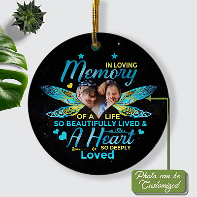Alternative view of Personalized Photo In Loving Memory Of A Life So Beautiful Lived Decorative Christmas Flat Circle Ornament