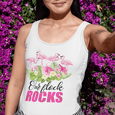Alternative view of Our Flock Rocks Flamingo Ladies Racerback Tank