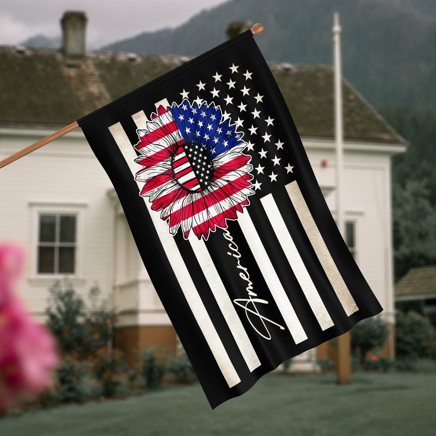 2. America Sunflower Flag(4) House Flag Mockup 4