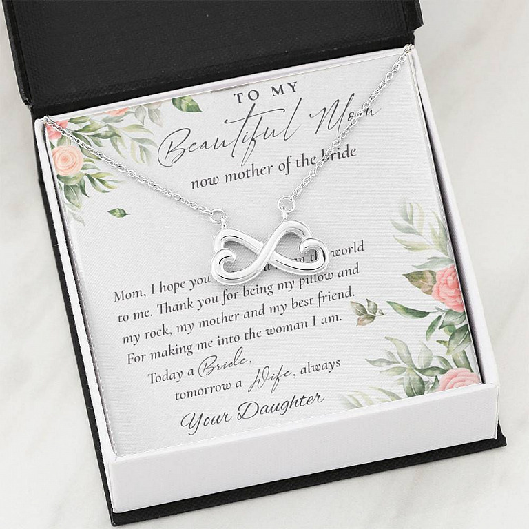 To My Beautiful Mom Now Mother Of The Bride Infinity Heart Pendant Necklace - Mom Wedding Gifts From Daughter