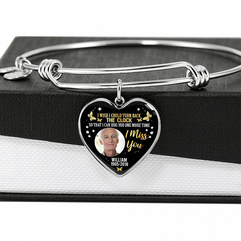 Personalized Photo I Wish I Could Turn Back The Clock So That I Can Hug You One More Time Heart Pendant Necklace - Bangle