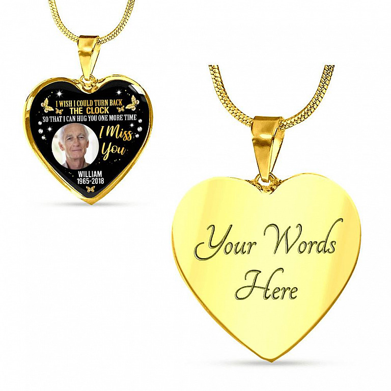 Personalized Photo I Wish I Could Turn Back The Clock So That I Can Hug You One More Time Heart Pendant Necklace - Bangle