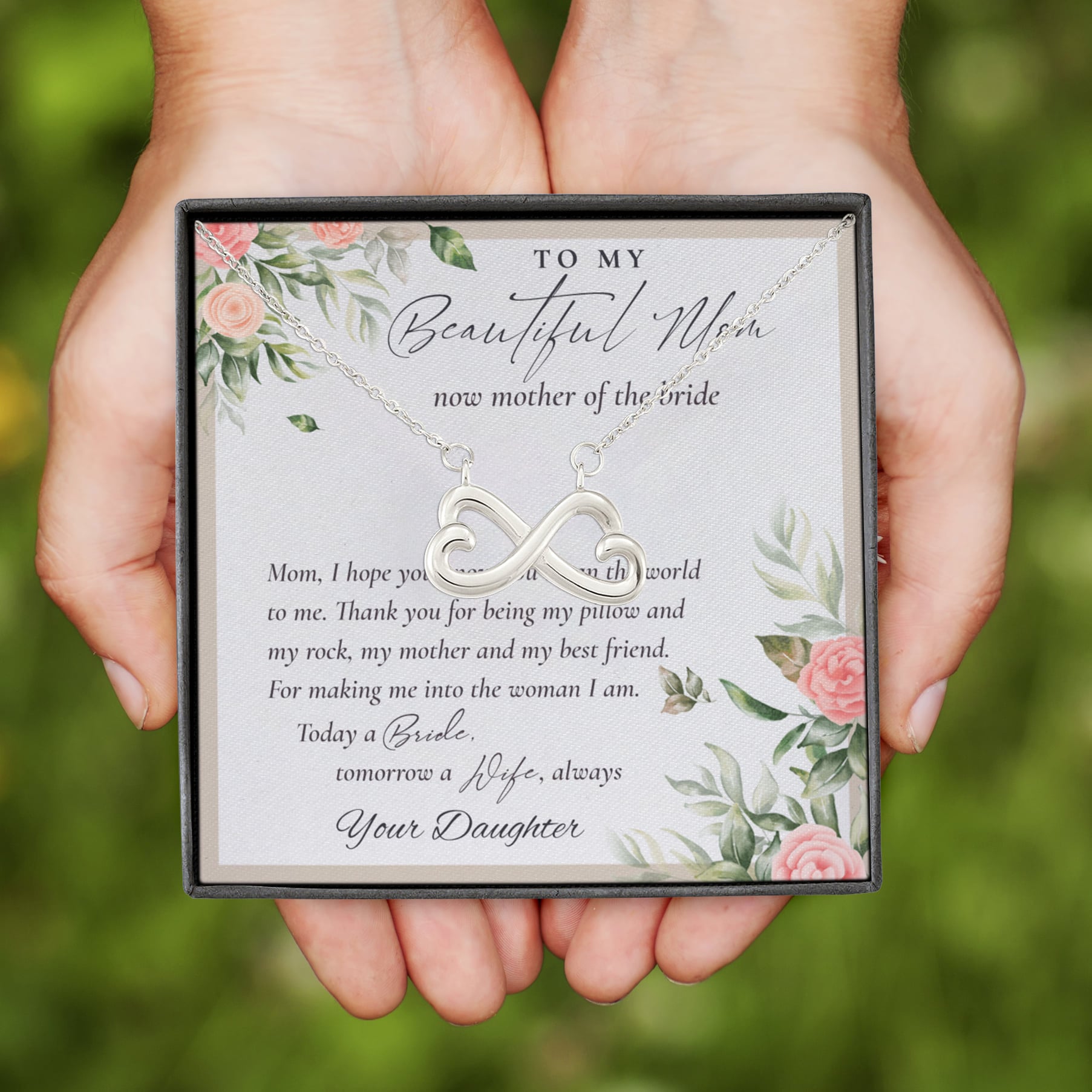 11VT. To My Beautiful Mom Mother Of Bride Infinity Heart Necklace (Silver)